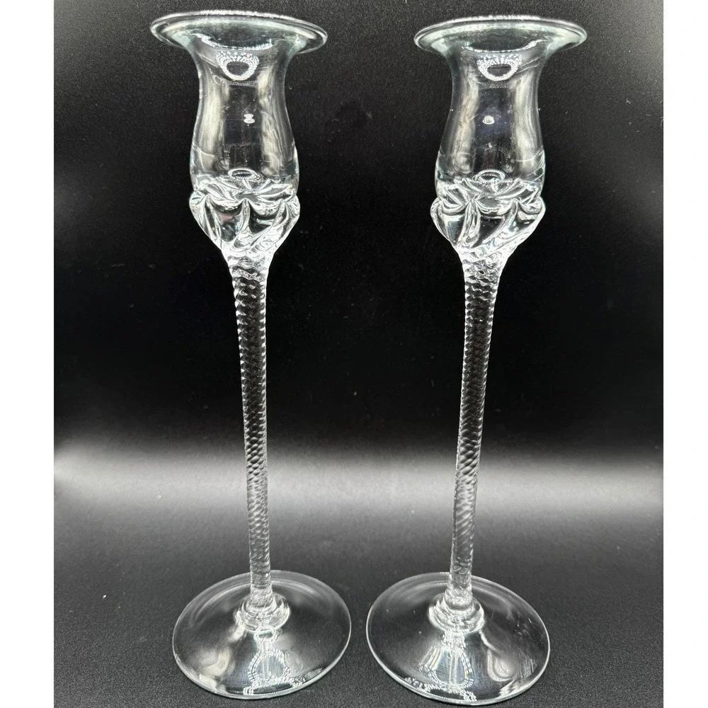 Art Glass Pair Candlesticks Vtg. Optic Twist Stem Floral Tulip Cottage Regency‎
